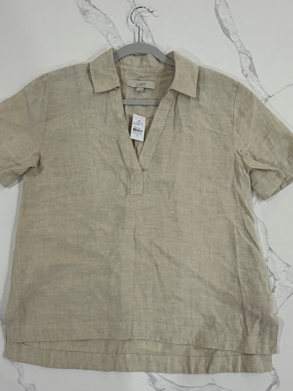 LOFT NWT 100% Linen Short Sleeve Split Neck Top Women’s Small Oatmeal